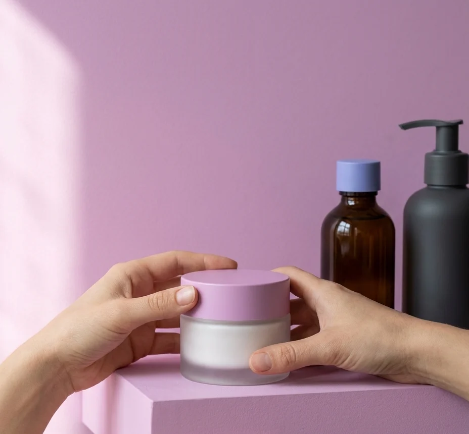 Dos manos ponen un frasco de crema en una repisa lila, junto a otros productos.